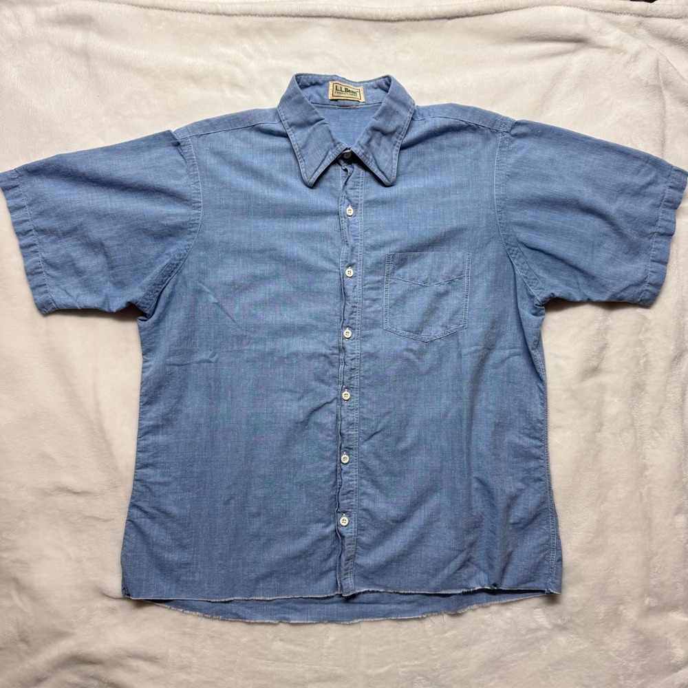 LL Bean Short Sleeve Chambray Button‎ Up Shirt Blue Mens Size M